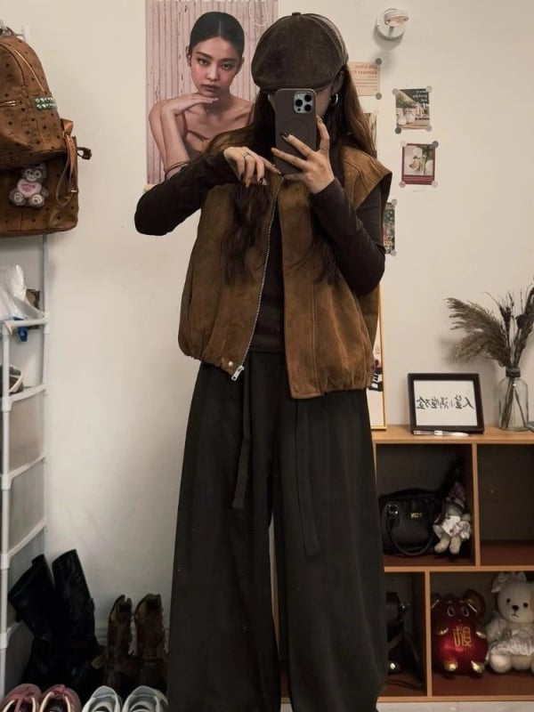 Korejskog stila zamšeni prsluk, polo ovratnik, srednja duljina, tkanina od špandeksa, punjenje od poliester-bavla