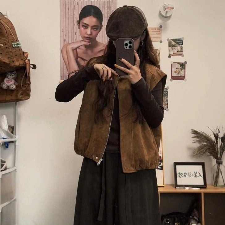 Korejskog stila zamšeni prsluk, polo ovratnik, srednja duljina, tkanina od špandeksa, punjenje od poliester-bavla