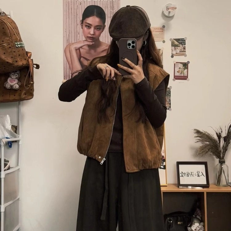 Korejskog stila zamšeni prsluk, polo ovratnik, srednja duljina, tkanina od špandeksa, punjenje od poliester-bavla