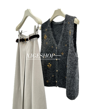 V-izrez liemenog prsluka, pleteni poliester, uzorak biljaka i cvijeća, slobodan kroj, obična duljina, japansko-korejski ležerni stil, jesen 2025