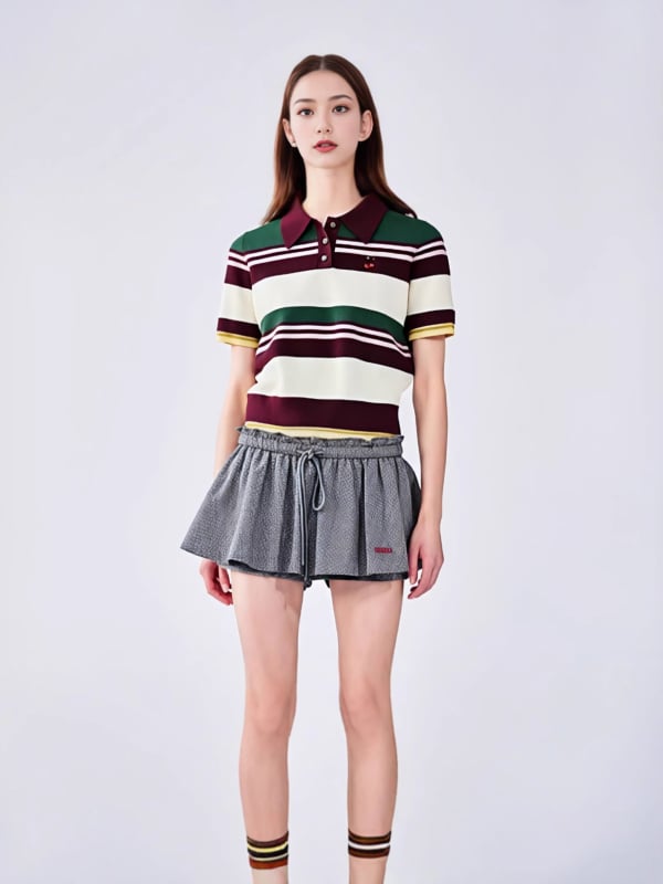 Pulover s polo ovratnikom, lagana tkanina, Tencel-Spandex smjesa, prugasti/ kockasti uzorak, 3/4 rukav