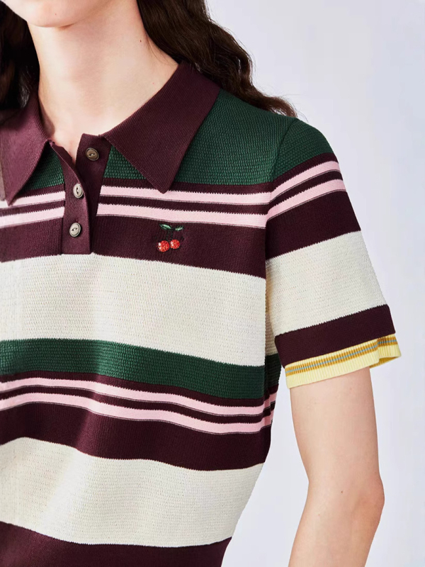 Pulover s polo ovratnikom, lagana tkanina, Tencel-Spandex smjesa, prugasti/ kockasti uzorak, 3/4 rukav
