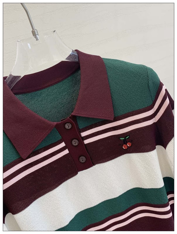 Pulover s polo ovratnikom, lagana tkanina, Tencel-Spandex smjesa, prugasti/ kockasti uzorak, 3/4 rukav