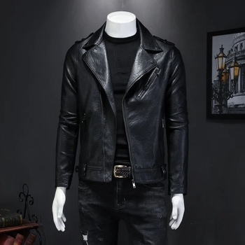 Muška kožna jakna za motocikle, uski kroj, zatvarač sprijeda, od ovčje kože, fleece podstava, street rock stil