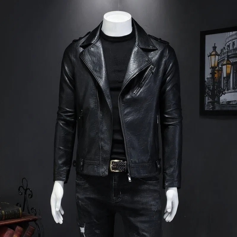 Muška kožna jakna za motocikle, uski kroj, zatvarač sprijeda, od ovčje kože, fleece podstava, street rock stil