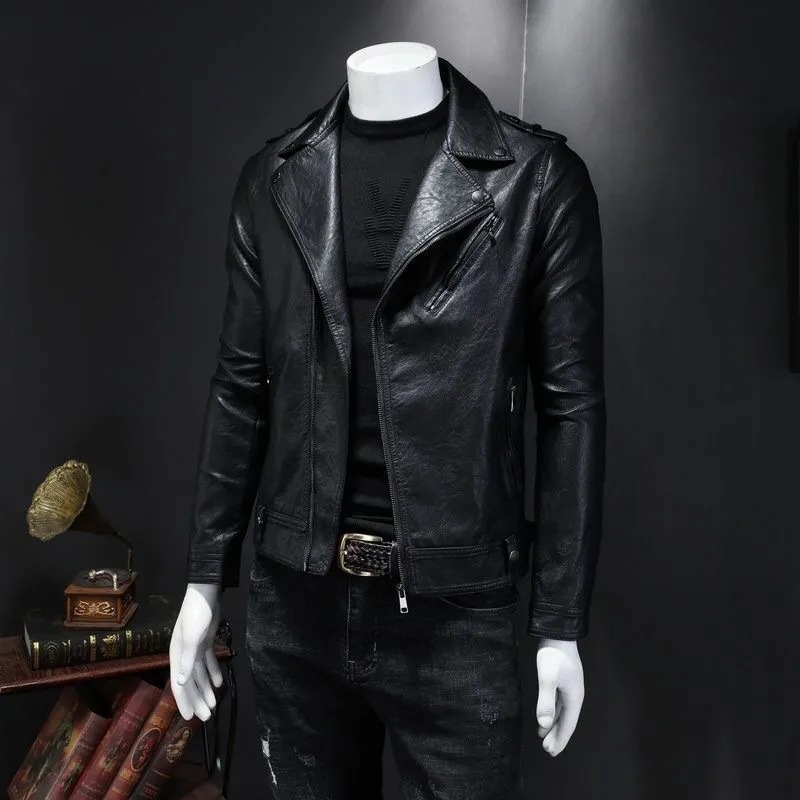 Muška kožna jakna za motocikle, uski kroj, zatvarač sprijeda, od ovčje kože, fleece podstava, street rock stil