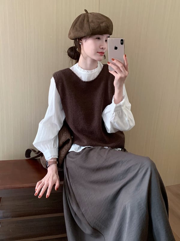 Ženski pleteni slojeviti vest — jesen, okrugli ovratnik, akril 30–50%, elegantan gradski stil