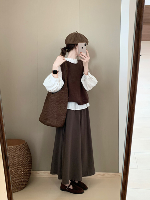 Ženski pleteni slojeviti vest — jesen, okrugli ovratnik, akril 30–50%, elegantan gradski stil