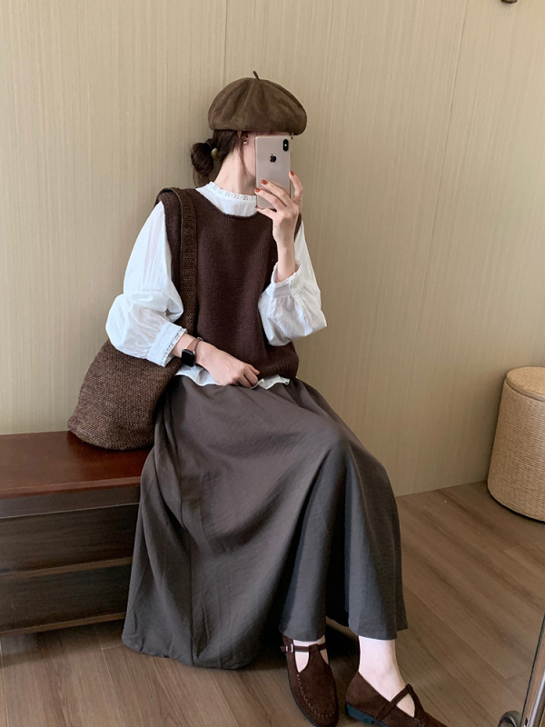 Ženski pleteni slojeviti vest — jesen, okrugli ovratnik, akril 30–50%, elegantan gradski stil