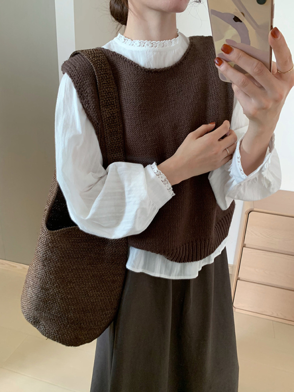 Ženski pleteni slojeviti vest — jesen, okrugli ovratnik, akril 30–50%, elegantan gradski stil