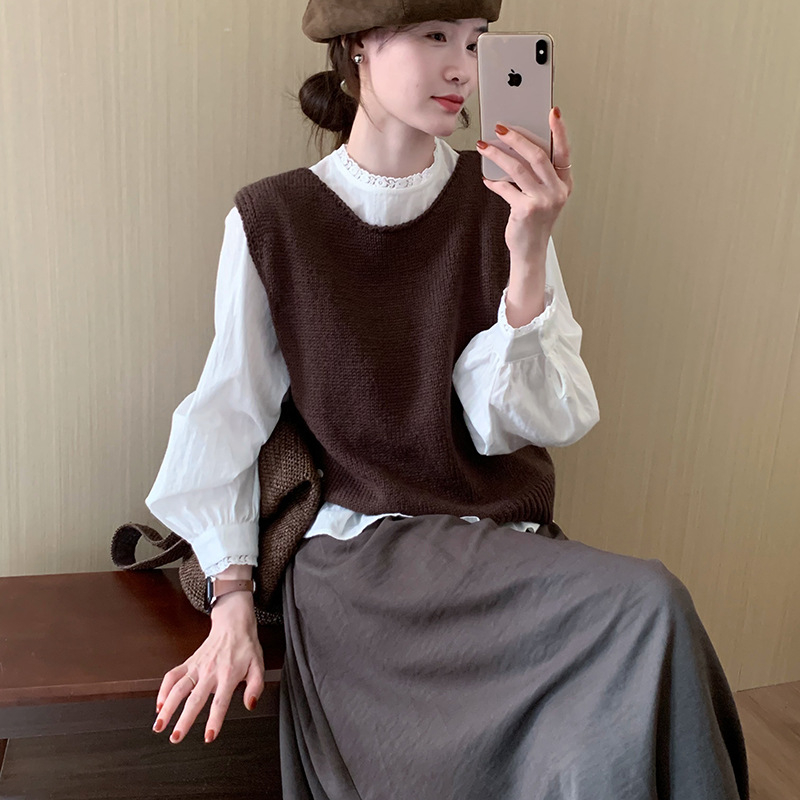 Ženski pleteni slojeviti vest — jesen, okrugli ovratnik, akril 30–50%, elegantan gradski stil