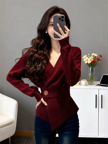 Pleteni džemper od akrila, okrugli izrez, dugi rukavi, debeli materijal, standardna duljina