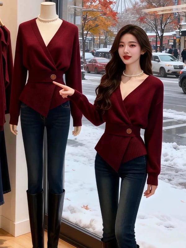 Pleteni džemper od akrila, okrugli izrez, dugi rukavi, debeli materijal, standardna duljina