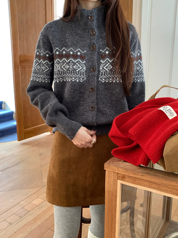 Koreanski stil kardigan džemper s Fair Isle uzorkom, akrilna vlakna, ovratnik Half-turtleneck