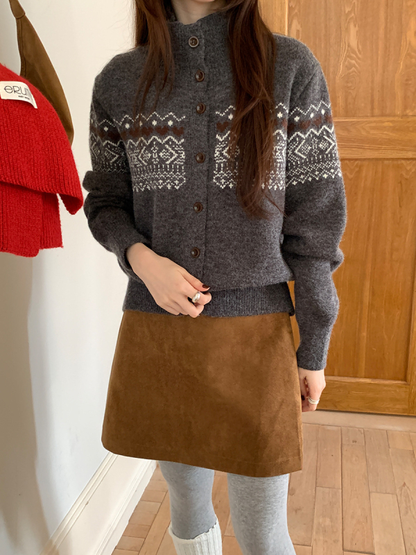 Koreanski stil kardigan džemper s Fair Isle uzorkom, akrilna vlakna, ovratnik Half-turtleneck