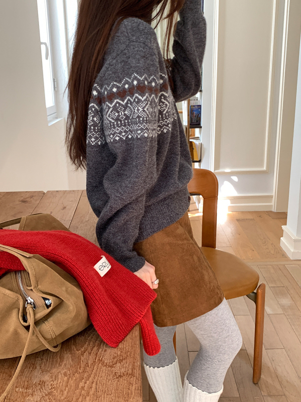 Koreanski stil kardigan džemper s Fair Isle uzorkom, akrilna vlakna, ovratnik Half-turtleneck