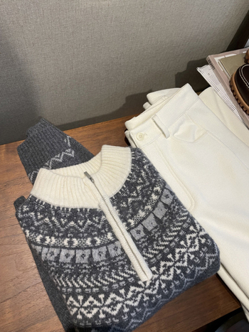Ženski debeli džemper s kapuljačom i polzipom, jacquard Fair Isle, mješavina vune i kašmira, širokog kroja, dugi rukav