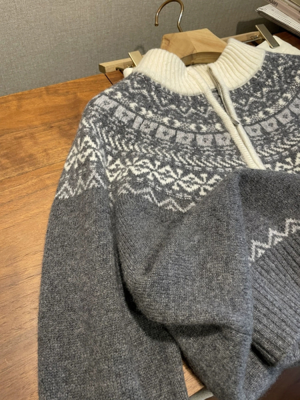 Ženski debeli džemper s kapuljačom i polzipom, jacquard Fair Isle, mješavina vune i kašmira, širokog kroja, dugi rukav