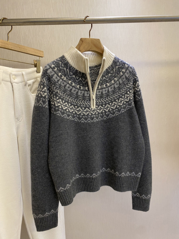 Ženski debeli džemper s kapuljačom i polzipom, jacquard Fair Isle, mješavina vune i kašmira, širokog kroja, dugi rukav