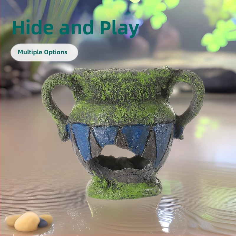 Аквариумна декорация от смола - Мъхист микро ландшафт с каменно убежище; Материал: смола; Стил: мъхест микро ландшафт; Основна цел: украса; Функции: създаване на атмосфера, подобряване на пространственото възприятие