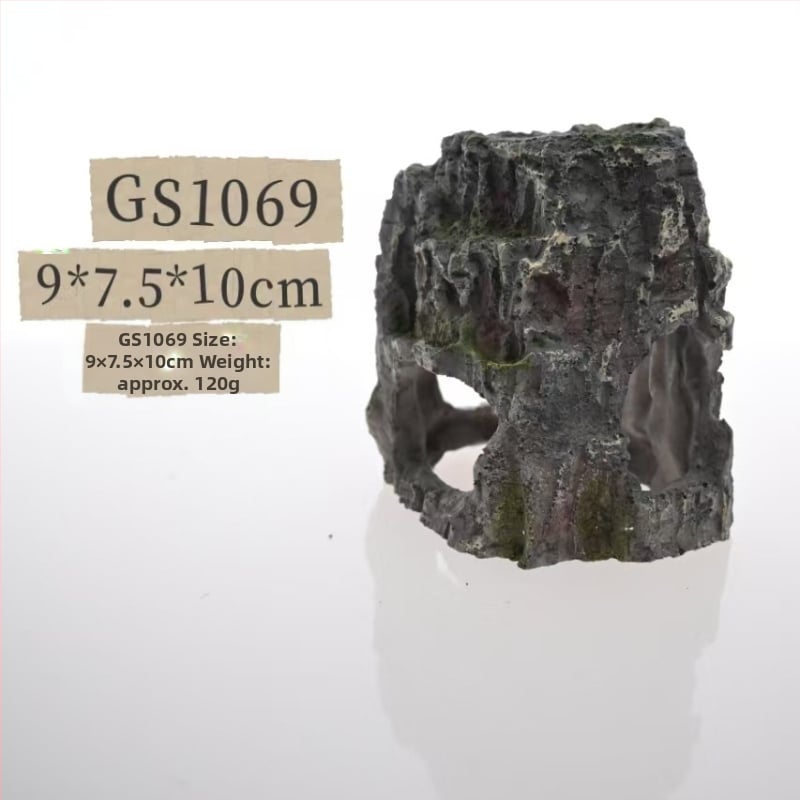 Аквариумна декорация от смола - Мъхист микро ландшафт с каменно убежище; Материал: смола; Стил: мъхест микро ландшафт; Основна цел: украса; Функции: създаване на атмосфера, подобряване на пространственото възприятие