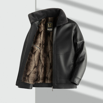 Muško PU kožna jakna - podstavljena flisom, uski kroj, zatvarač sprijed, bočni džepovi, zima 2024