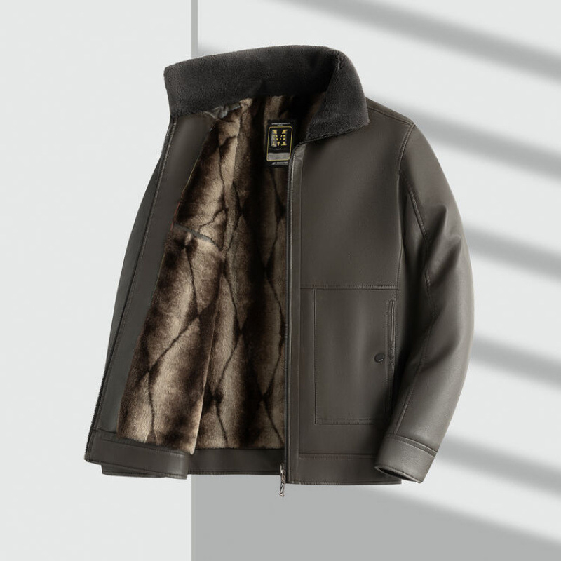 Muško PU kožna jakna - podstavljena flisom, uski kroj, zatvarač sprijed, bočni džepovi, zima 2024