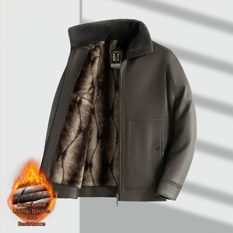 Muško PU kožna jakna - podstavljena flisom, uski kroj, zatvarač sprijed, bočni džepovi, zima 2024