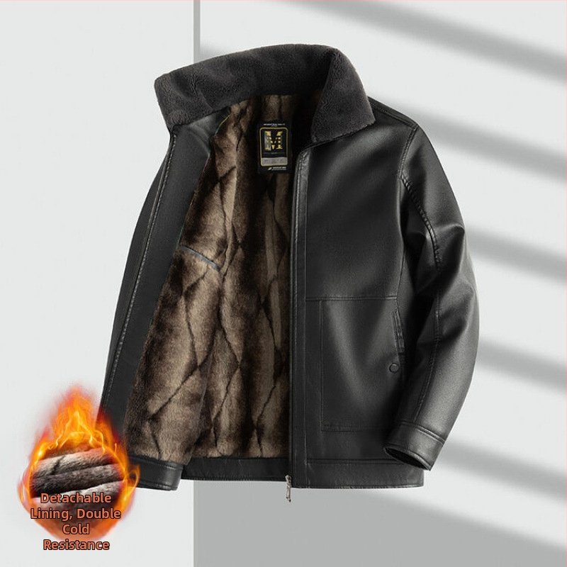Muško PU kožna jakna - podstavljena flisom, uski kroj, zatvarač sprijed, bočni džepovi, zima 2024