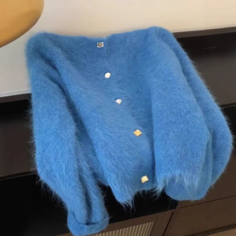 Mohair kardigan za žene, okrugli ovratnik, dugi rukavi, srednja gustoća, jesen 2024