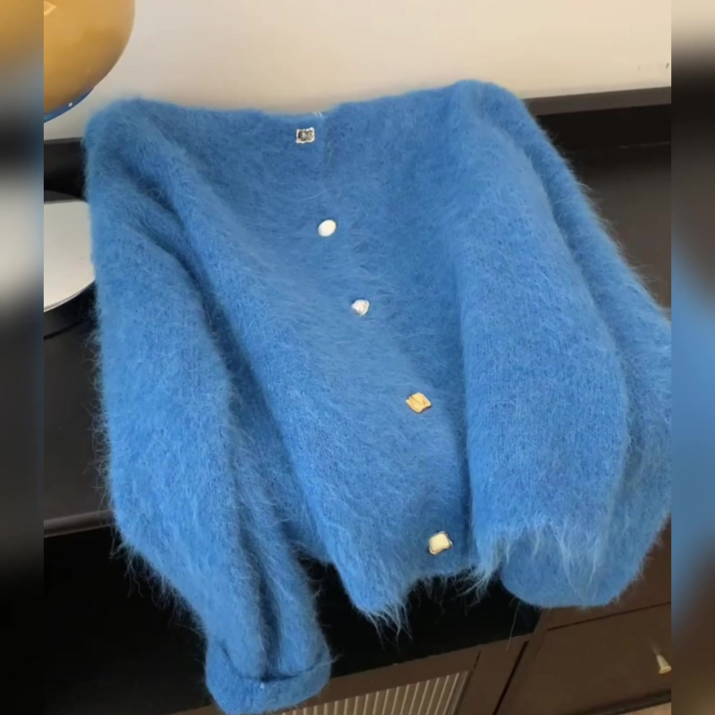 Mohair kardigan za žene, okrugli ovratnik, dugi rukavi, srednja gustoća, jesen 2024