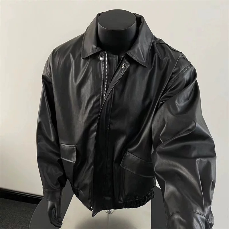 PU kožna biker jakna, prednji zip, ovratnik s reverom, širok kroj, džepovi s patch džepovima