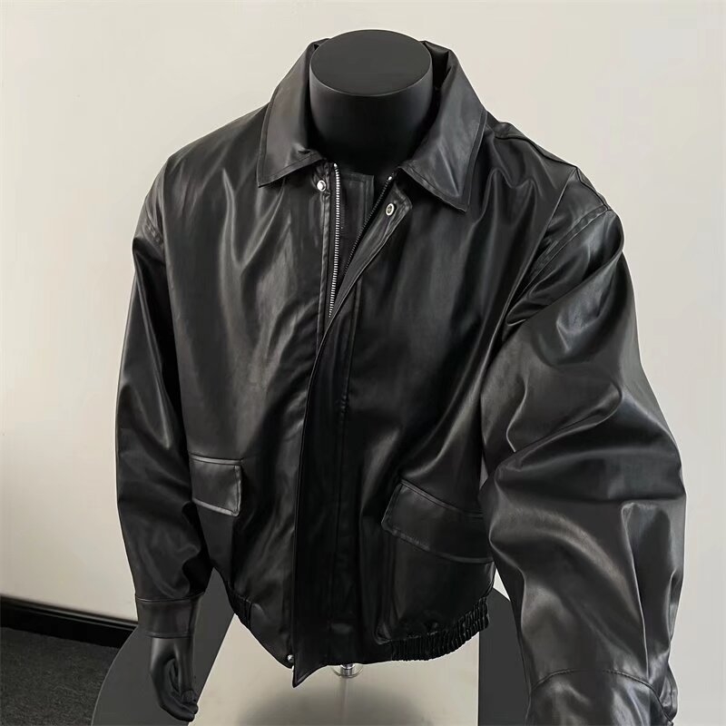 PU kožna biker jakna, prednji zip, ovratnik s reverom, širok kroj, džepovi s patch džepovima