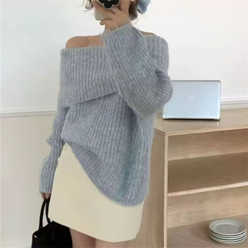Džemper s jednim ramenom, debela akrilna pletenina, slobodan kroj, dugi rukavi, pulover stil, jesen 2025