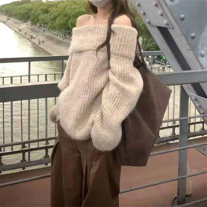 Džemper s jednim ramenom, debela akrilna pletenina, slobodan kroj, dugi rukavi, pulover stil, jesen 2025