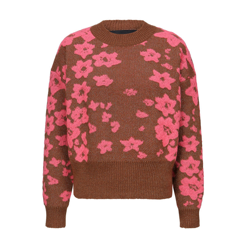 Ženski jacquard pleteni džemper, debeo, slobodan kroj, kapuljača, cvjetni uzorak