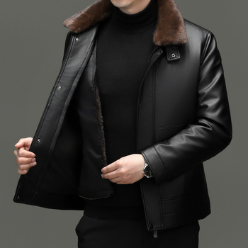Muška PU kožna jakna, casual stil, s odijeljivom krznenom podstavom, zimska flis podstava, debela i topla, parka s mink krznom
