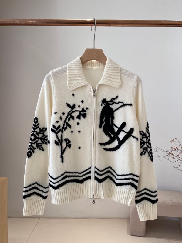 Ženski pleteni kardigan s jacquardom i klopom ovratnika, prednje kopčanje, dugi rukavi, srednje debljine, Zima 2024