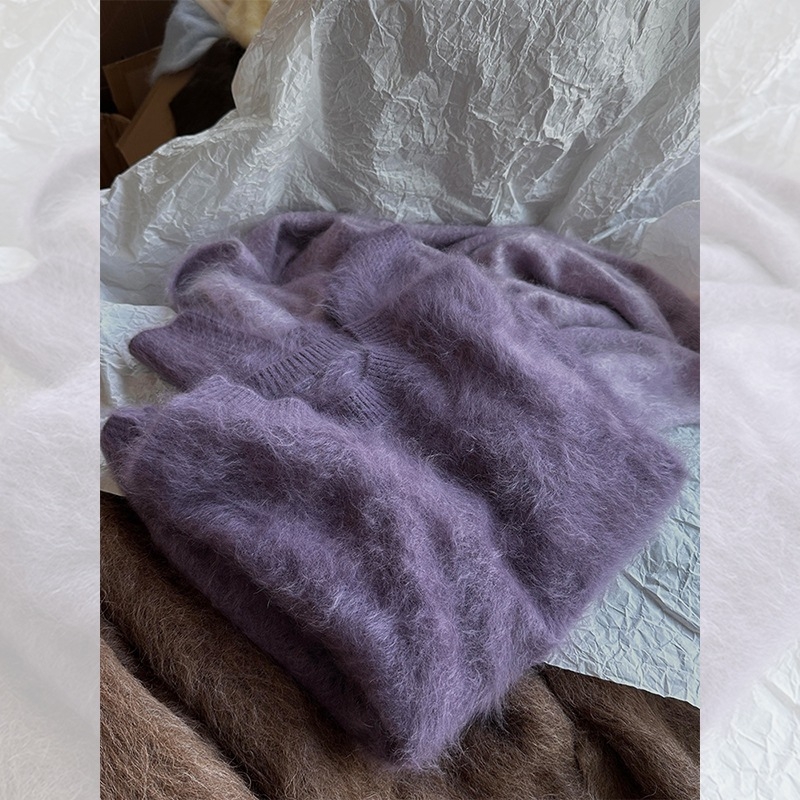 Női mohair kötött pulóver mink velvet textúrával, vastag kötés, kerek nyak, hosszú ujjú, kapucnis