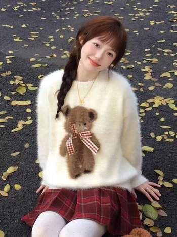 Női Vastag Poliészter Pulóver Környakú, Hosszú Ujjú, Karcsú Vágás, Anime Mackó Mintával