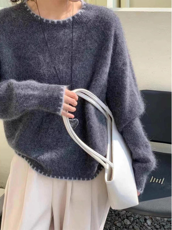 Alpaka gyapjú pulóver, 3D mintázat, laza szabású, kerek nyakú, hosszú ujjú