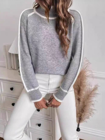 Gyapjúkeverékből készült kötött pulóver, színblokkokkal ellátott patchwork mintával, magas nyakú, hosszú ujjú, lazán szabott