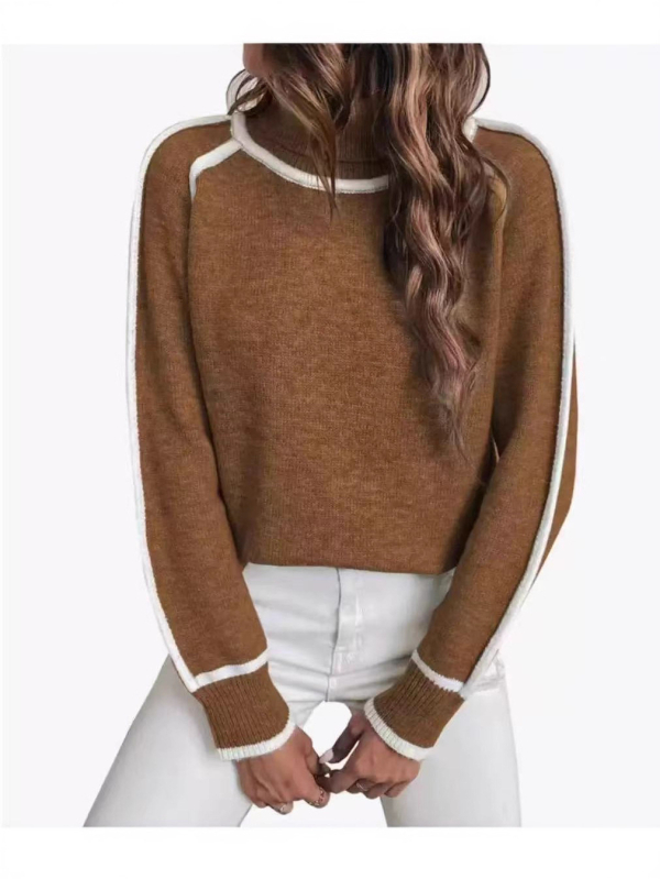 Gyapjúkeverékből készült kötött pulóver, színblokkokkal ellátott patchwork mintával, magas nyakú, hosszú ujjú, lazán szabott