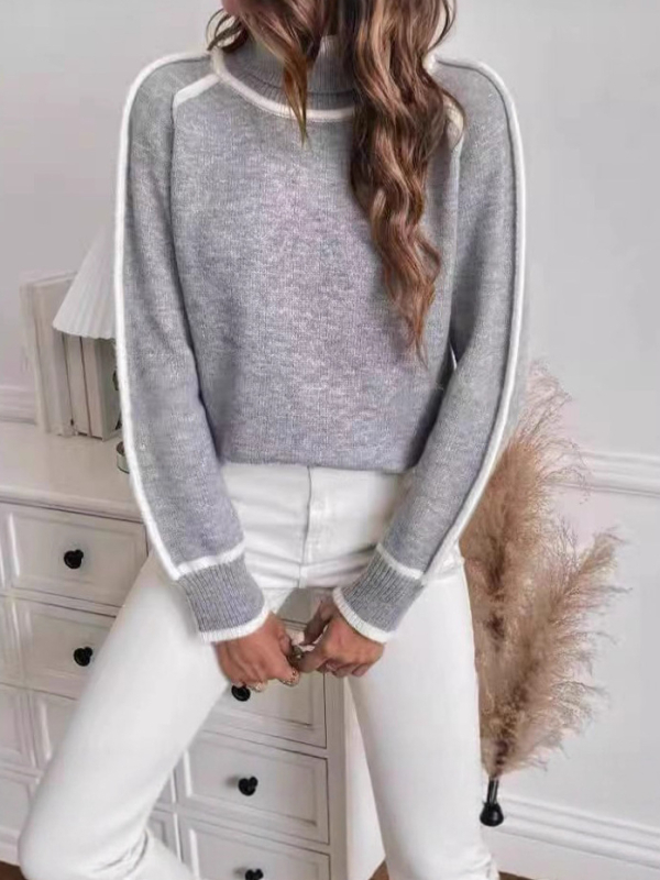 Gyapjúkeverékből készült kötött pulóver, színblokkokkal ellátott patchwork mintával, magas nyakú, hosszú ujjú, lazán szabott