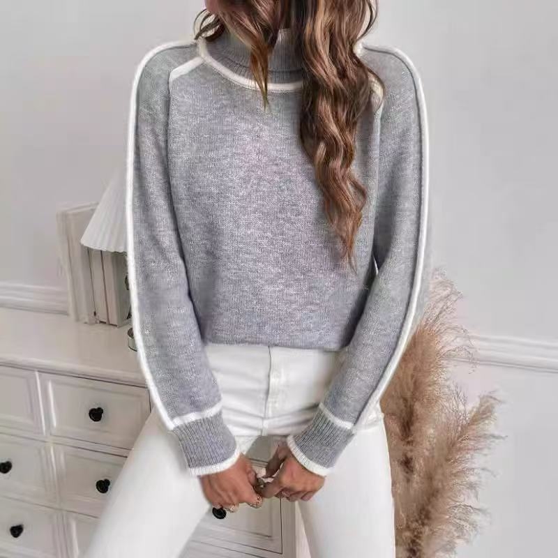 Gyapjúkeverékből készült kötött pulóver, színblokkokkal ellátott patchwork mintával, magas nyakú, hosszú ujjú, lazán szabott