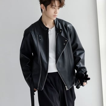 Férfi rövid fazonú juhbőrkabát reverrel és dupla gombolással az elején, 2025 ősz kiadás