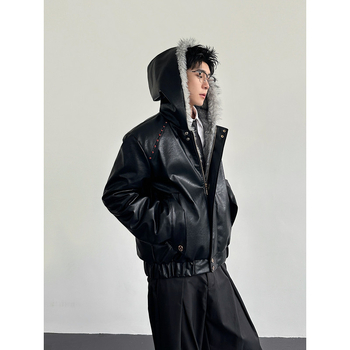 PU bőrdzseki fleece béléssel, kapucnival, cipzárral, oldalsó zsebekkel