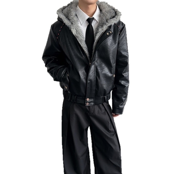 PU bőrdzseki fleece béléssel, kapucnival, cipzárral, oldalsó zsebekkel