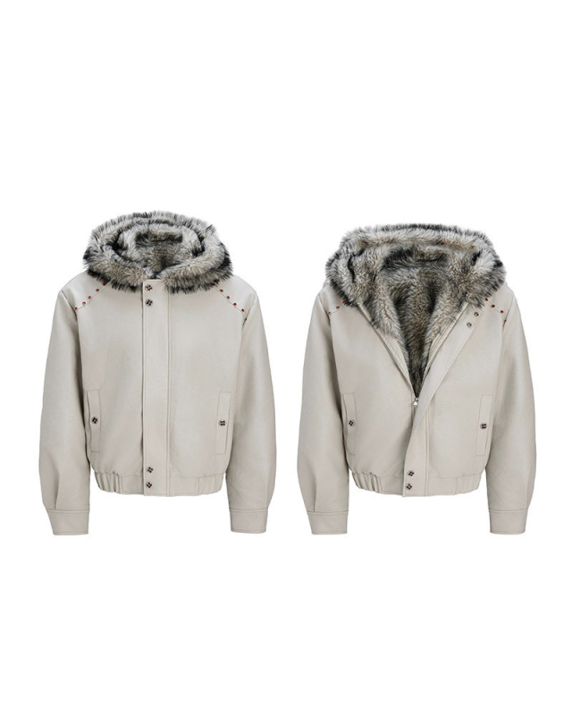 PU bőrdzseki fleece béléssel, kapucnival, cipzárral, oldalsó zsebekkel