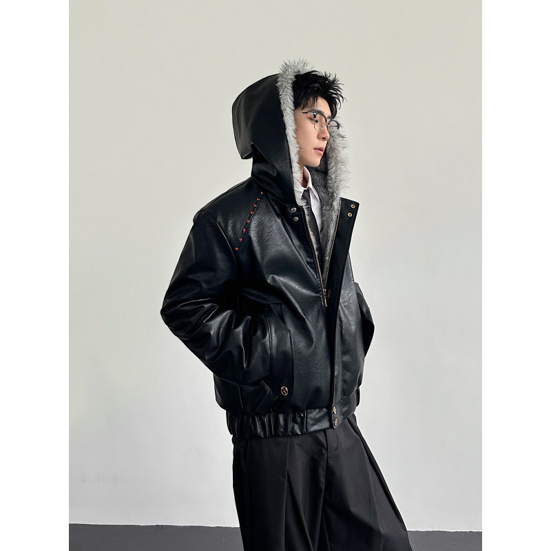 PU bőrdzseki fleece béléssel, kapucnival, cipzárral, oldalsó zsebekkel